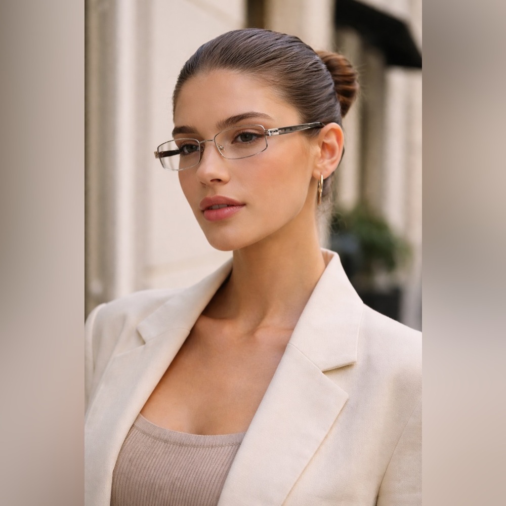 Versace Rectangular Eyeglasses Silver Frame Medusa Detail w/ Case
